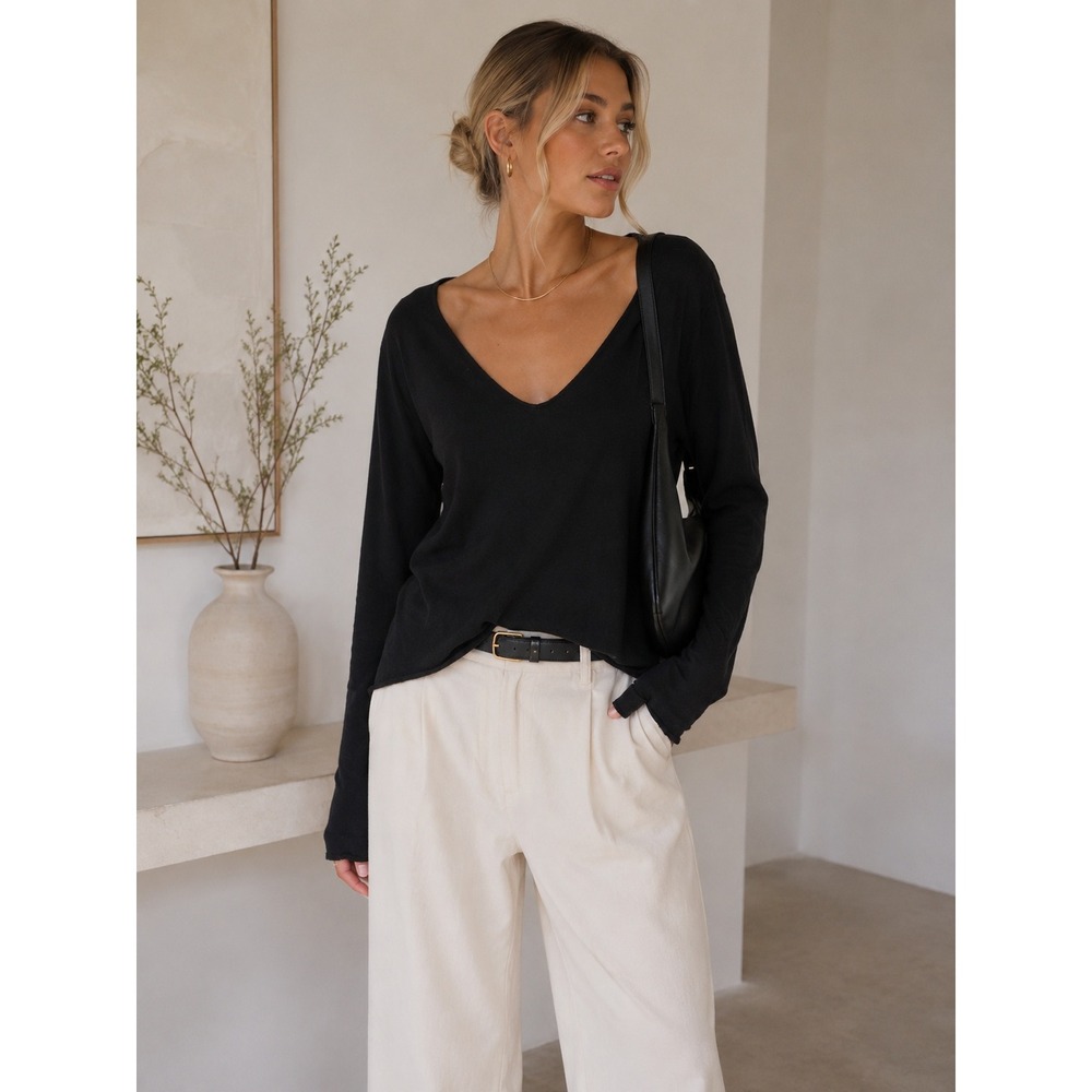 wild fable Black V-Neck Long Sleeve Top